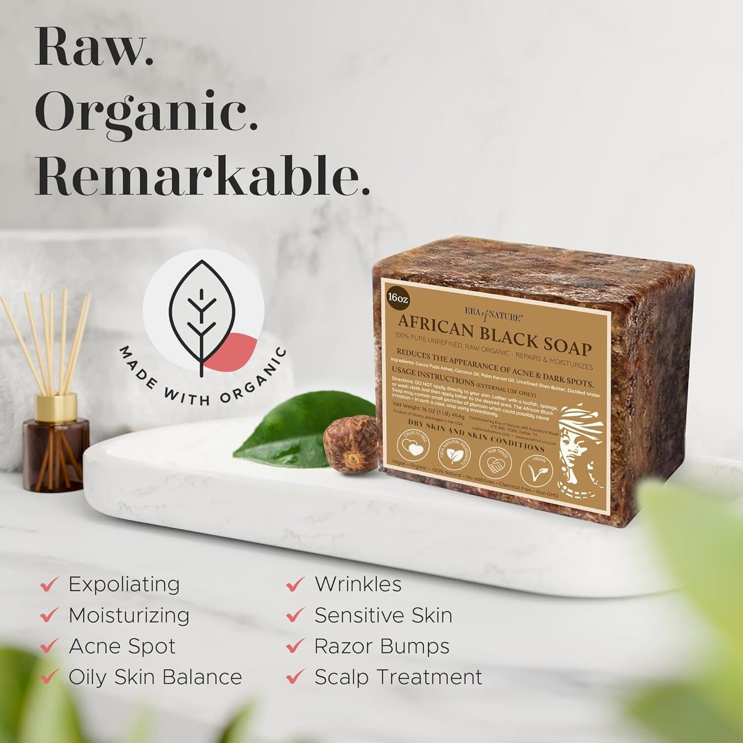  Organic African Black Soap - 8 Oz, Pure and Natural Ingredients, Imported from Ghana